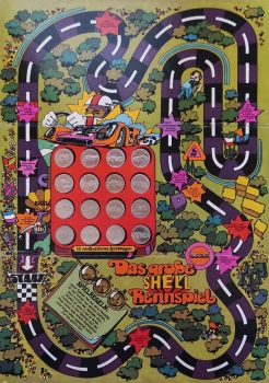 Shell Boardgame with 16 Automobile-Coins "Das große Shell-Rennspiel" 1970 (5215)